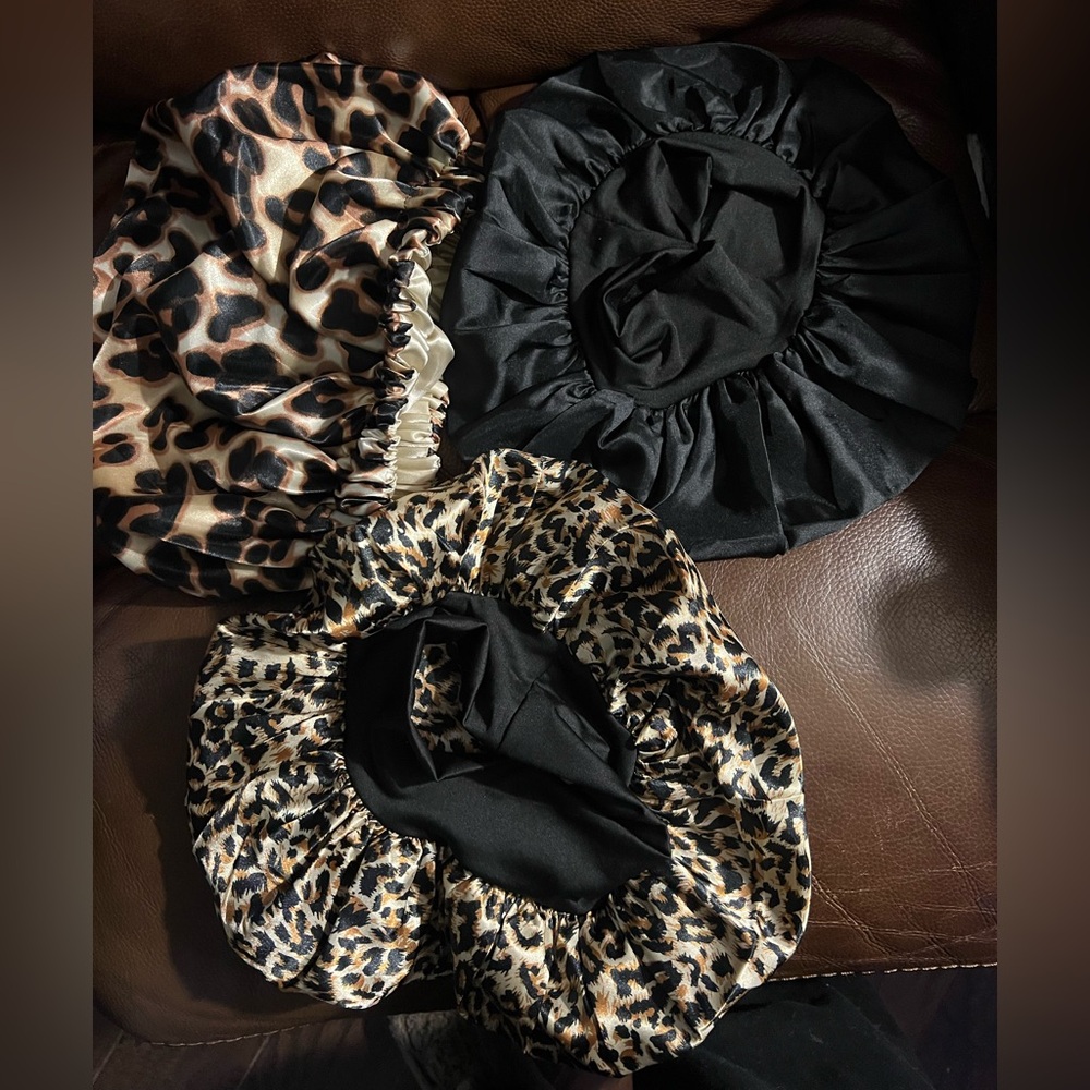 Satin Bonnet Trio - Solid Black & Leopard Print